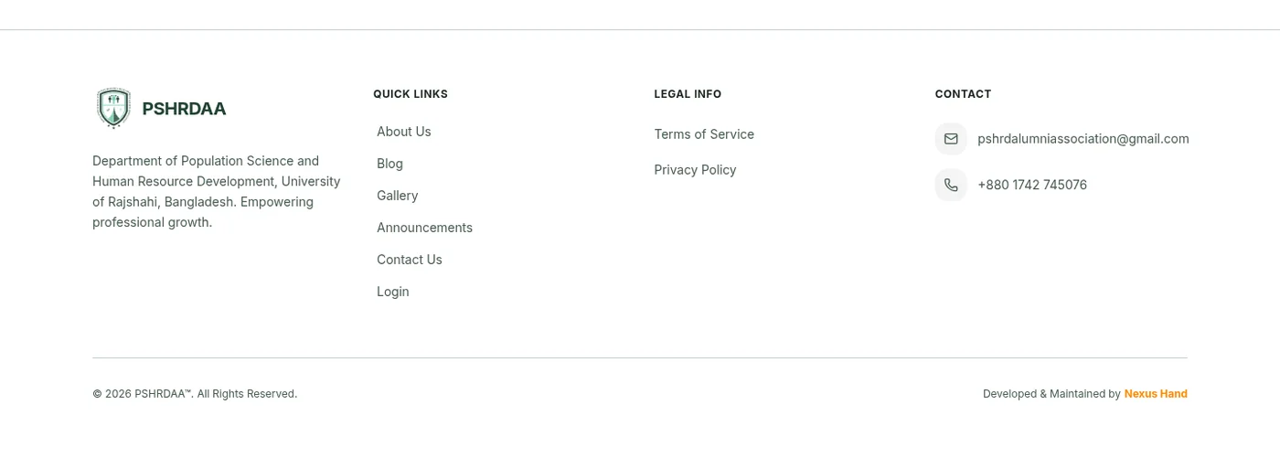 PSHRDAA site footer with quick links, legal info, and the NexusHand credit