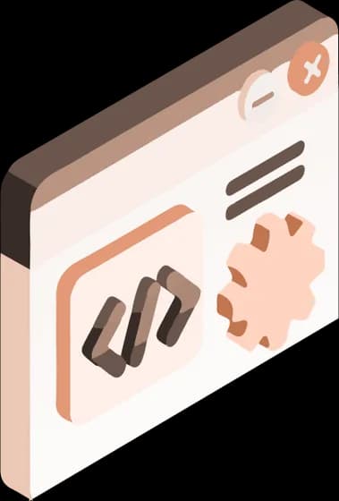 Isometric illustration of an application window holding code brackets and a settings gear