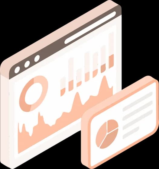 Isometric illustration of an analytics dashboard beside a second, smaller tenant panel